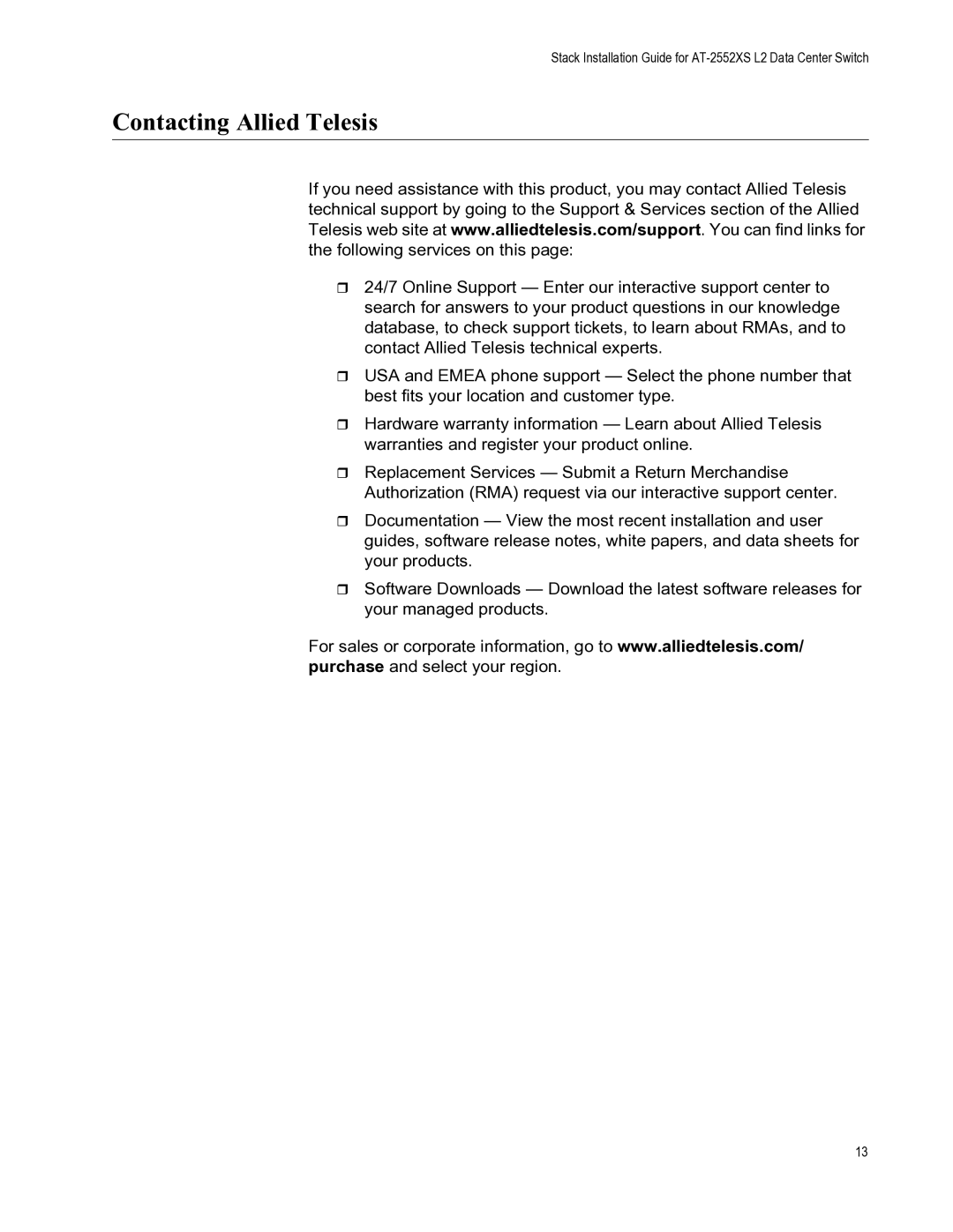 Allied Telesis AT-DC2552XS, AT-PWR06, AT-FAN06 manual Contacting Allied Telesis 