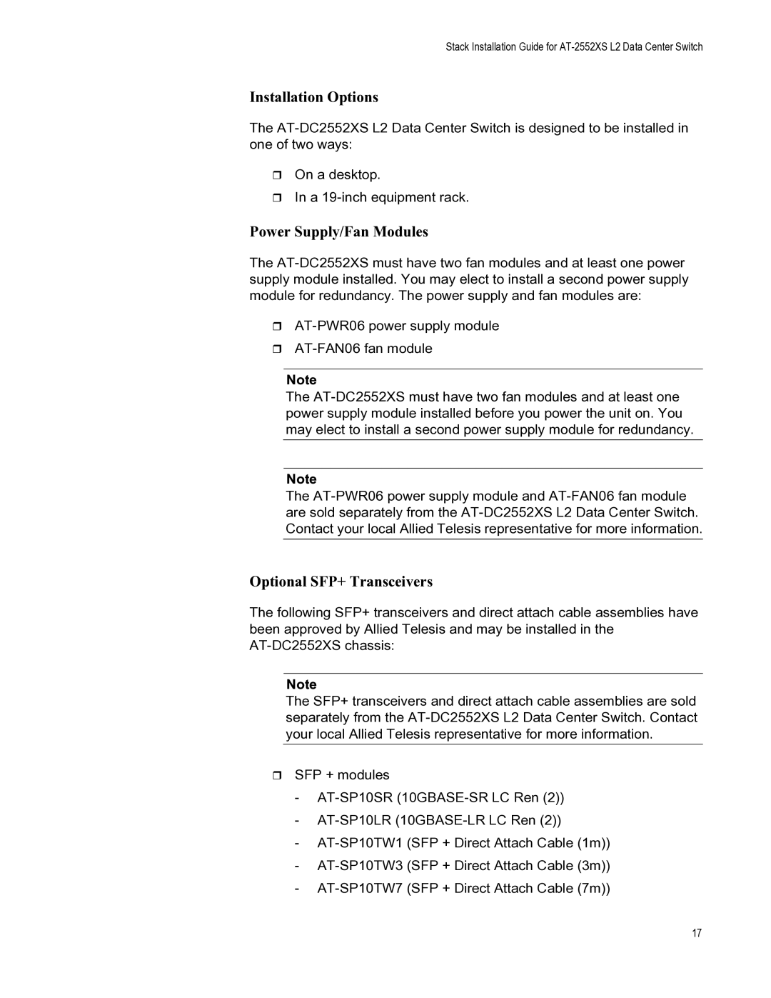 Allied Telesis AT-FAN06, AT-PWR06, AT-DC2552XS manual Installation Options 