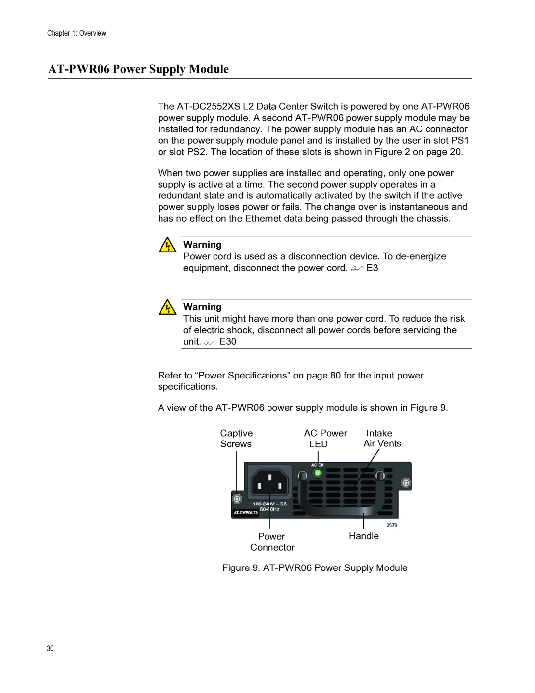 Allied Telesis AT-DC2552XS, AT-FAN06 manual AT-PWR06 Power Supply Module 