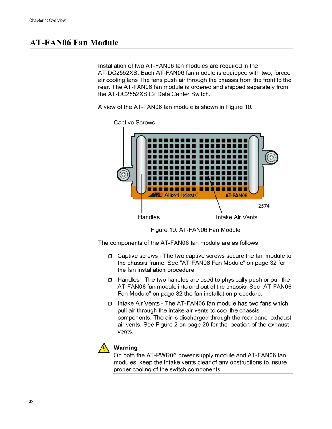 Allied Telesis AT-PWR06, AT-DC2552XS manual AT-FAN06 Fan Module 