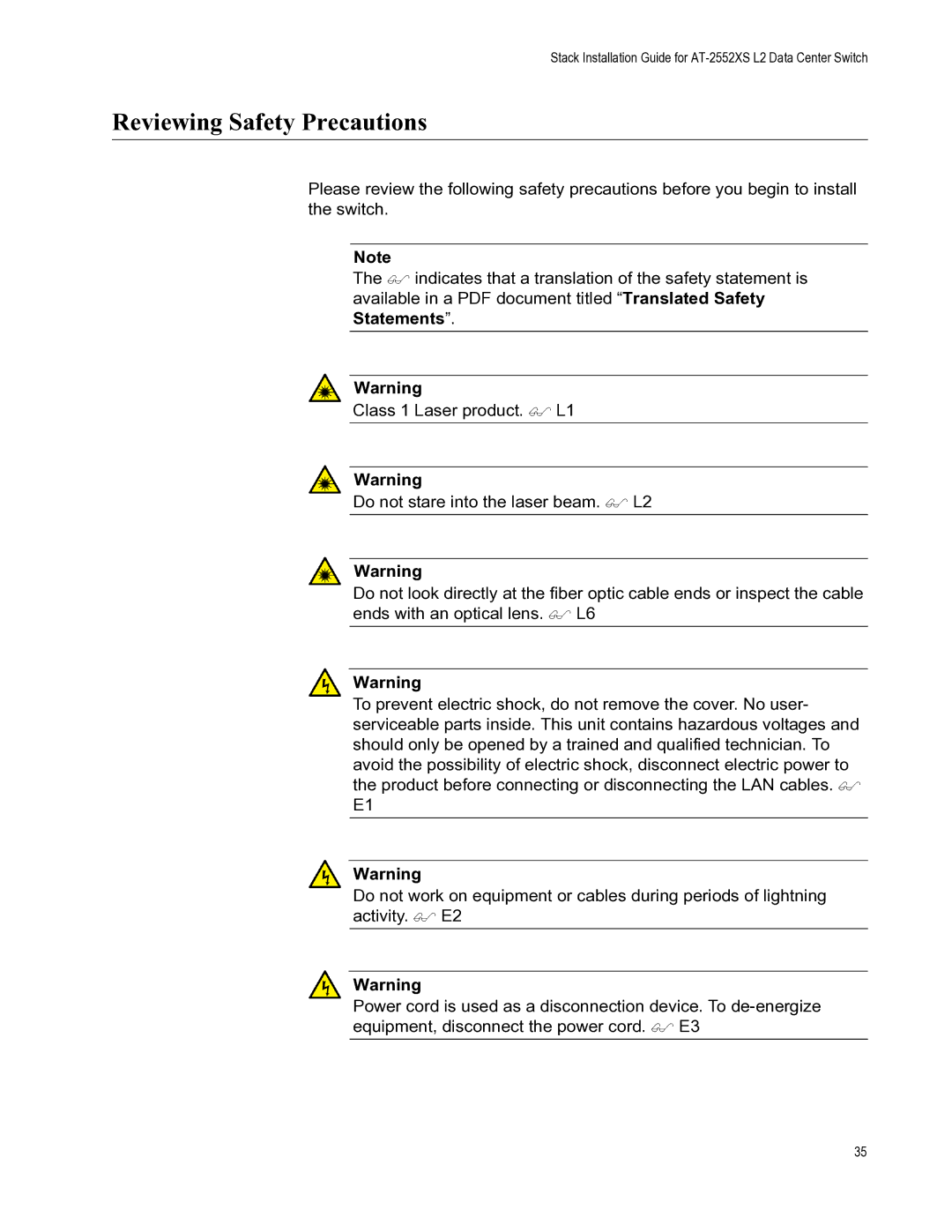 Allied Telesis AT-FAN06, AT-PWR06, AT-DC2552XS manual Reviewing Safety Precautions 