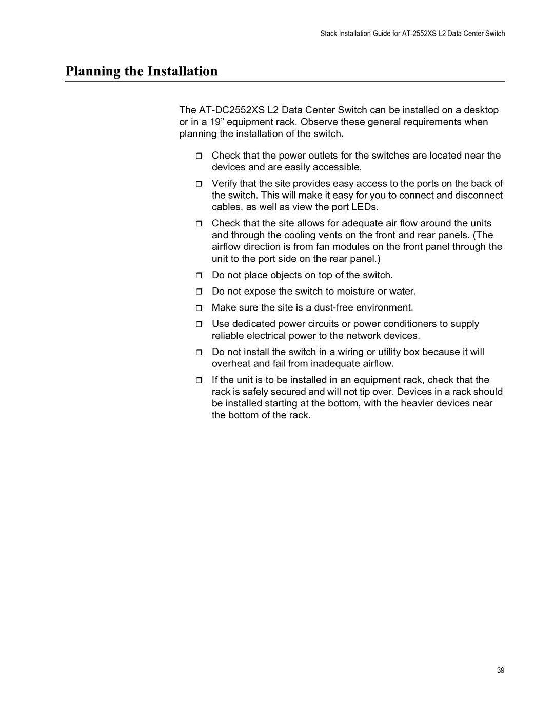 Allied Telesis AT-PWR06, AT-DC2552XS, AT-FAN06 manual Planning the Installation 