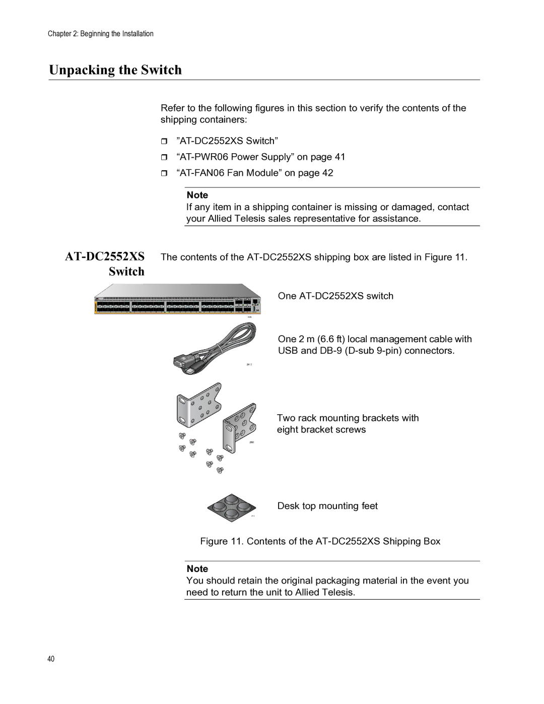 Allied Telesis AT-PWR06, AT-FAN06 manual Unpacking the Switch, AT-DC2552XS Switch 