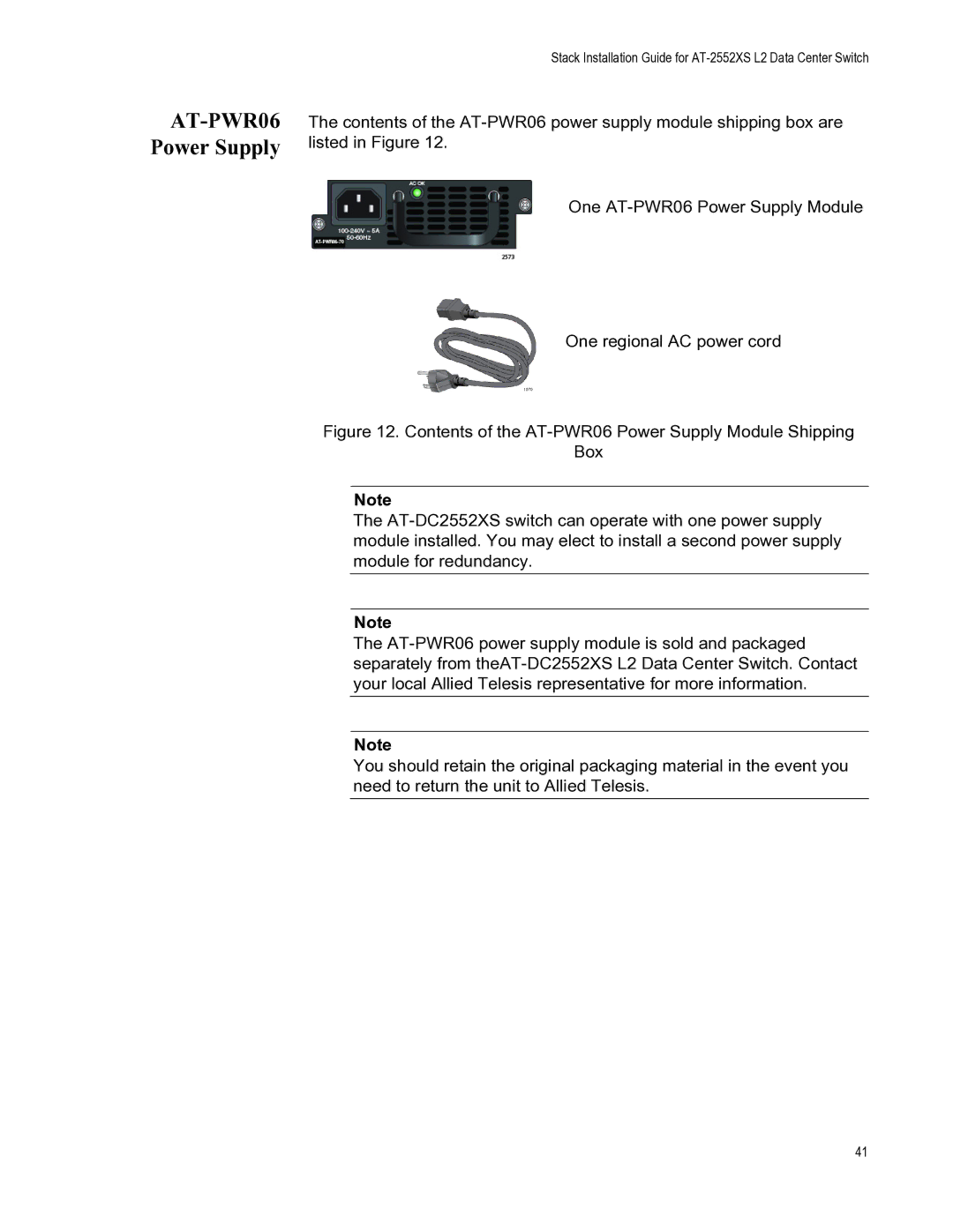 Allied Telesis AT-FAN06, AT-DC2552XS manual AT-PWR06 Power Supply 