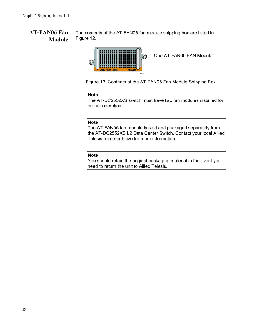 Allied Telesis AT-PWR06, AT-DC2552XS manual AT-FAN06 Fan Module 