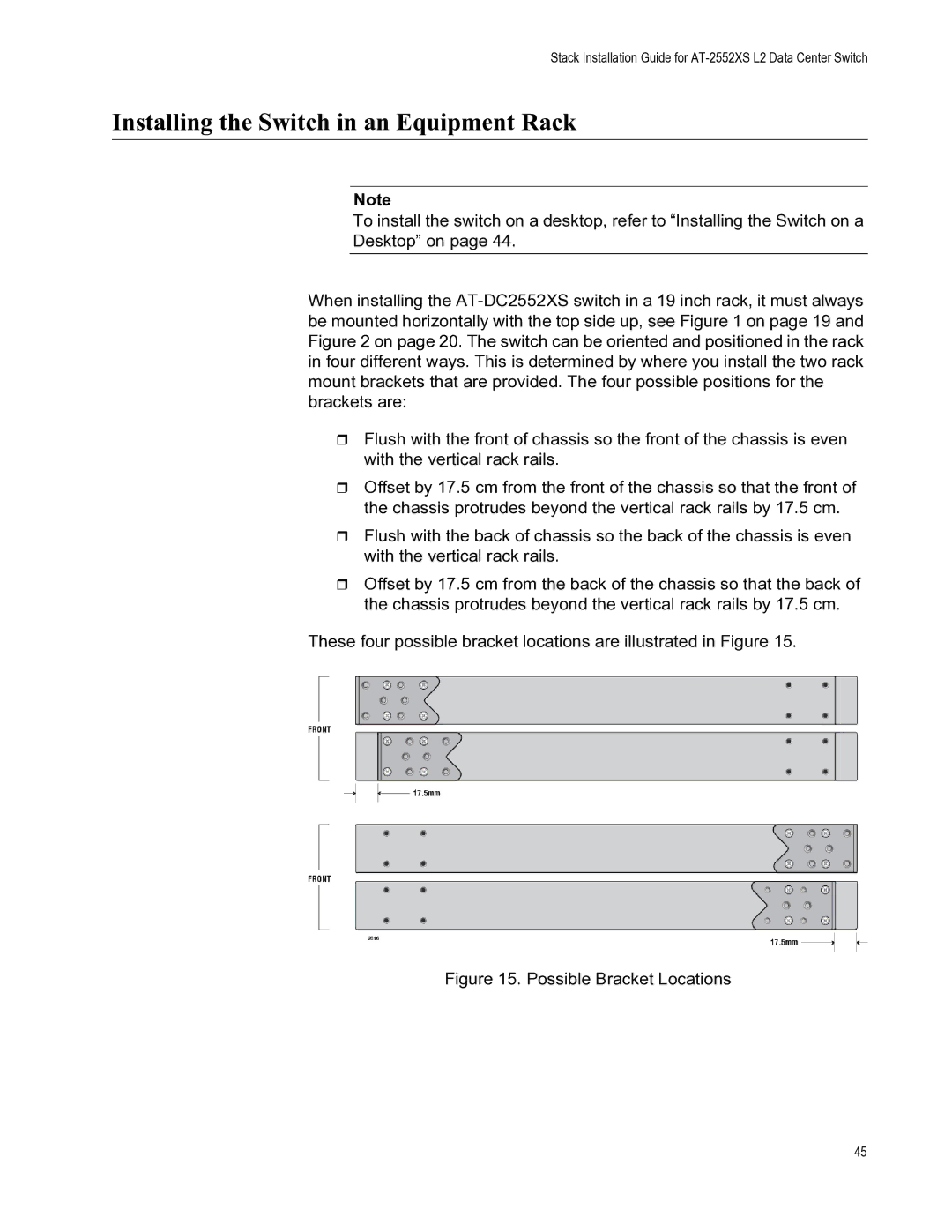 Allied Telesis AT-PWR06, AT-DC2552XS, AT-FAN06 manual Installing the Switch in an Equipment Rack, Possible Bracket Locations 