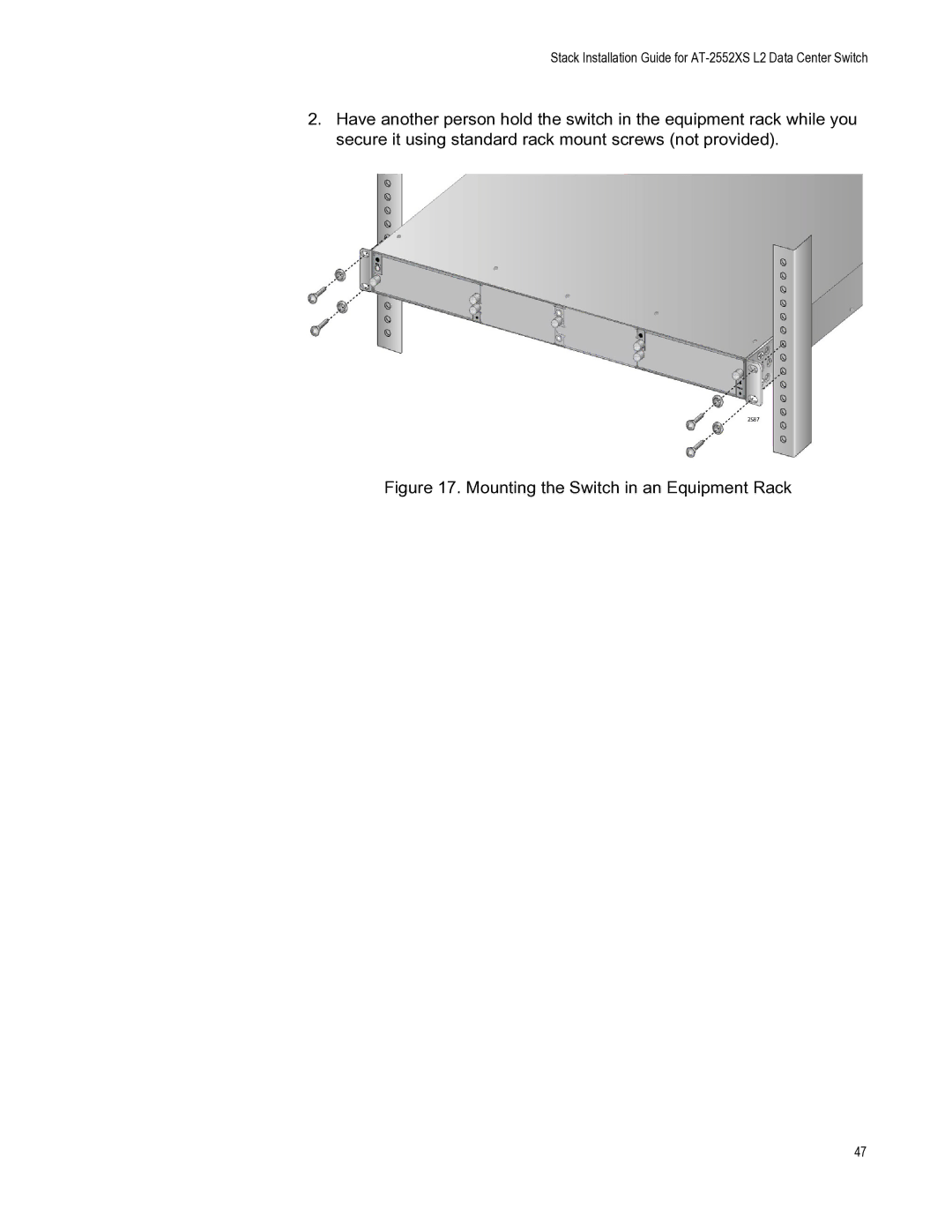 Allied Telesis AT-FAN06, AT-PWR06, AT-DC2552XS manual Mounting the Switch in an Equipment Rack 