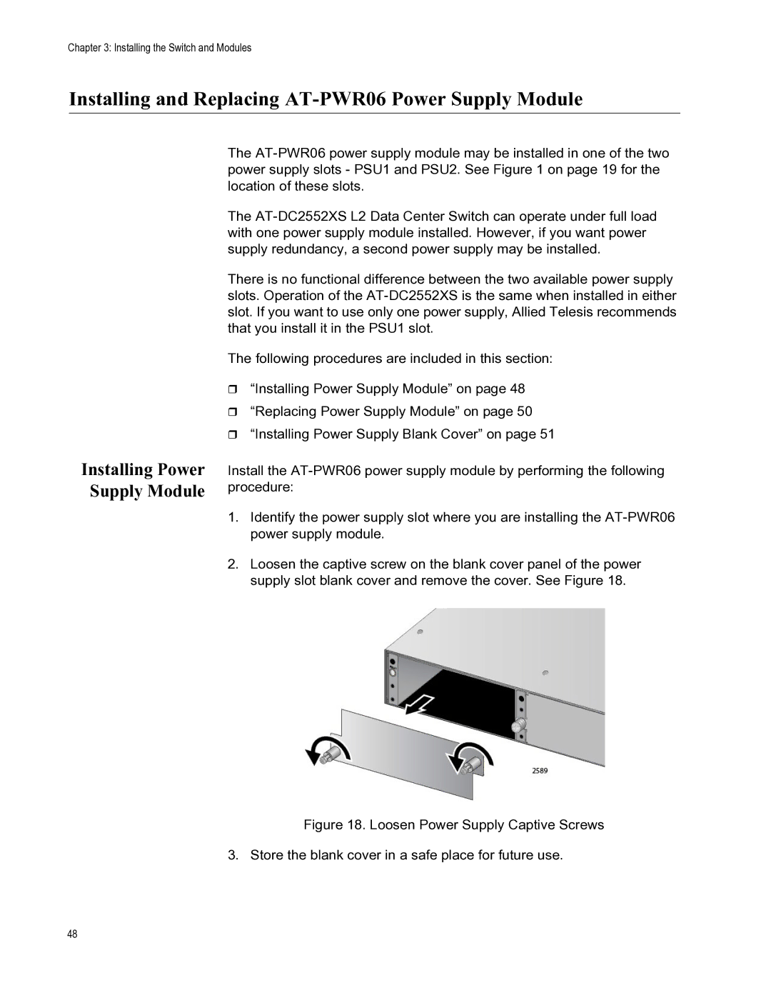 Allied Telesis AT-DC2552XS manual Installing and Replacing AT-PWR06 Power Supply Module, Installing Power Supply Module 