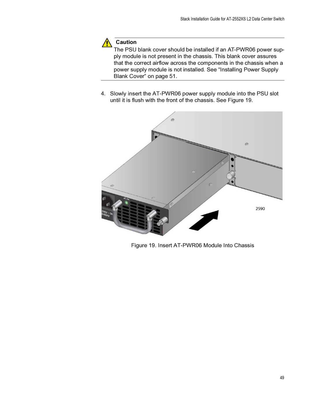 Allied Telesis AT-DC2552XS, AT-FAN06 manual Insert AT-PWR06 Module Into Chassis 