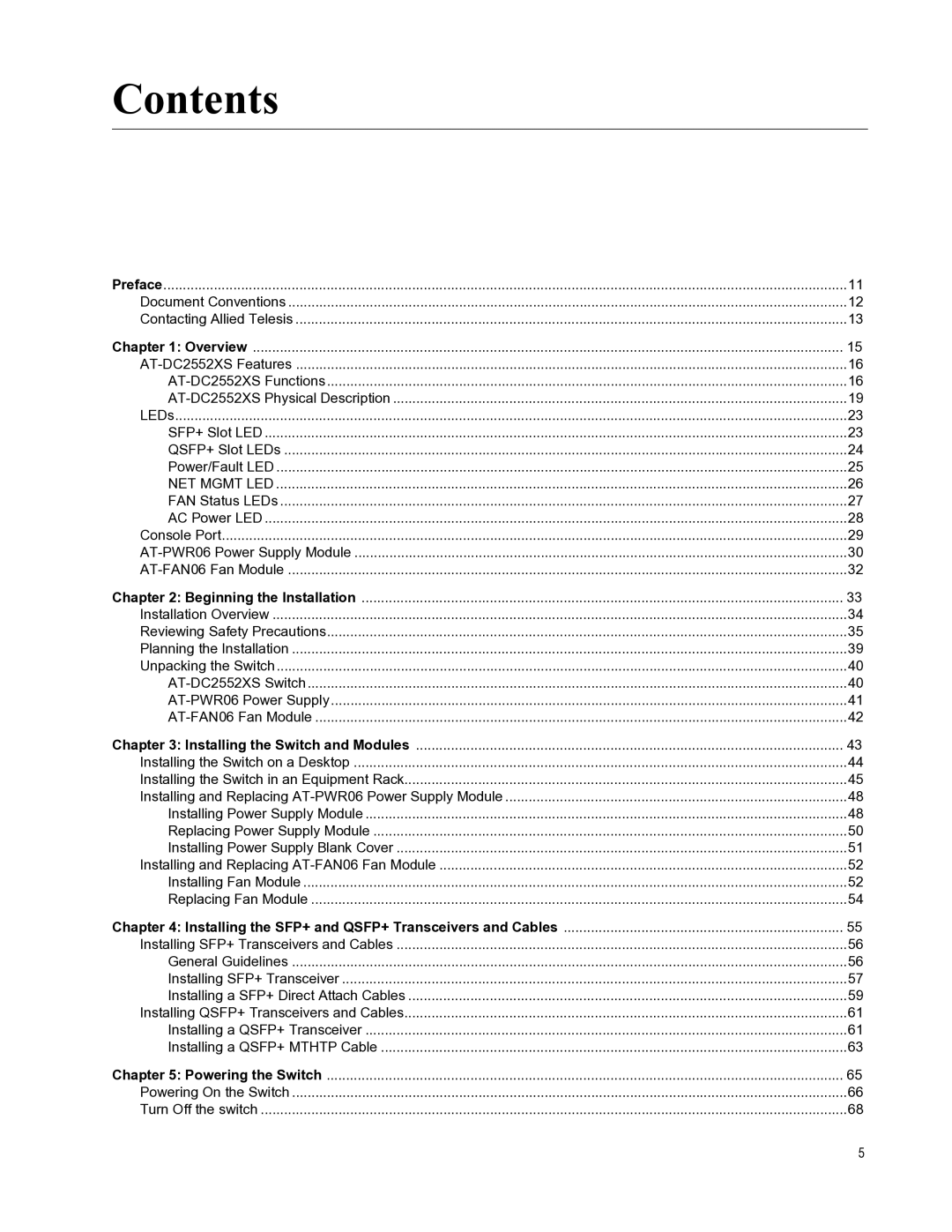 Allied Telesis AT-FAN06, AT-PWR06, AT-DC2552XS manual Contents 