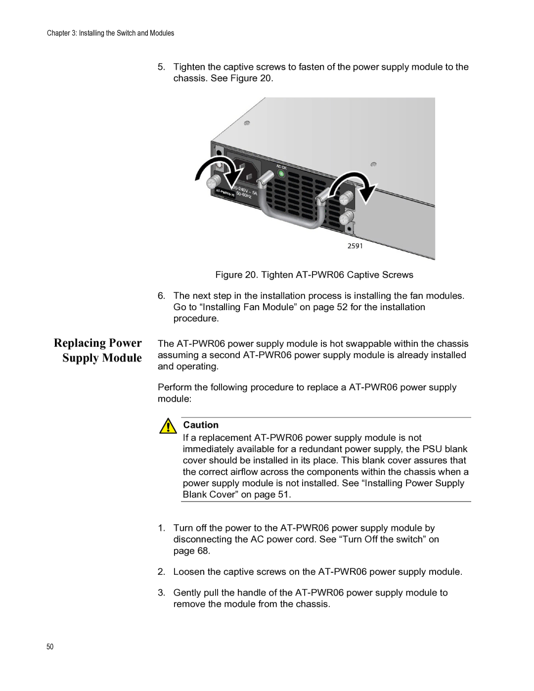 Allied Telesis AT-FAN06, AT-DC2552XS manual Replacing Power Supply Module, Tighten AT-PWR06 Captive Screws 