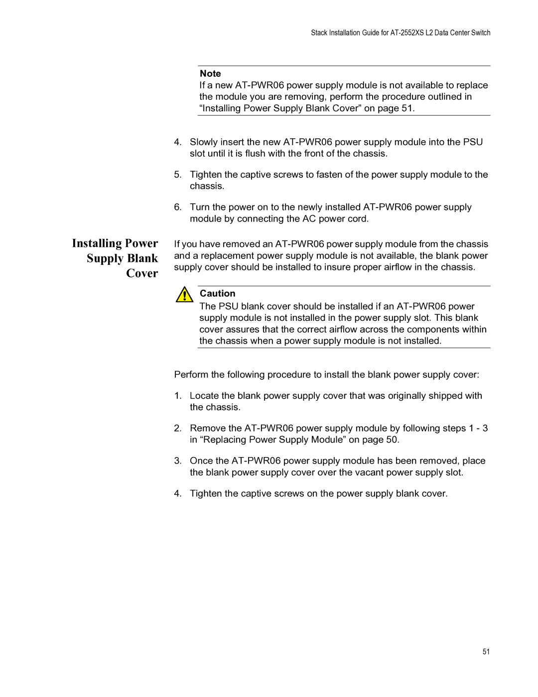 Allied Telesis AT-PWR06, AT-DC2552XS, AT-FAN06 manual Installing Power Supply Blank Cover 