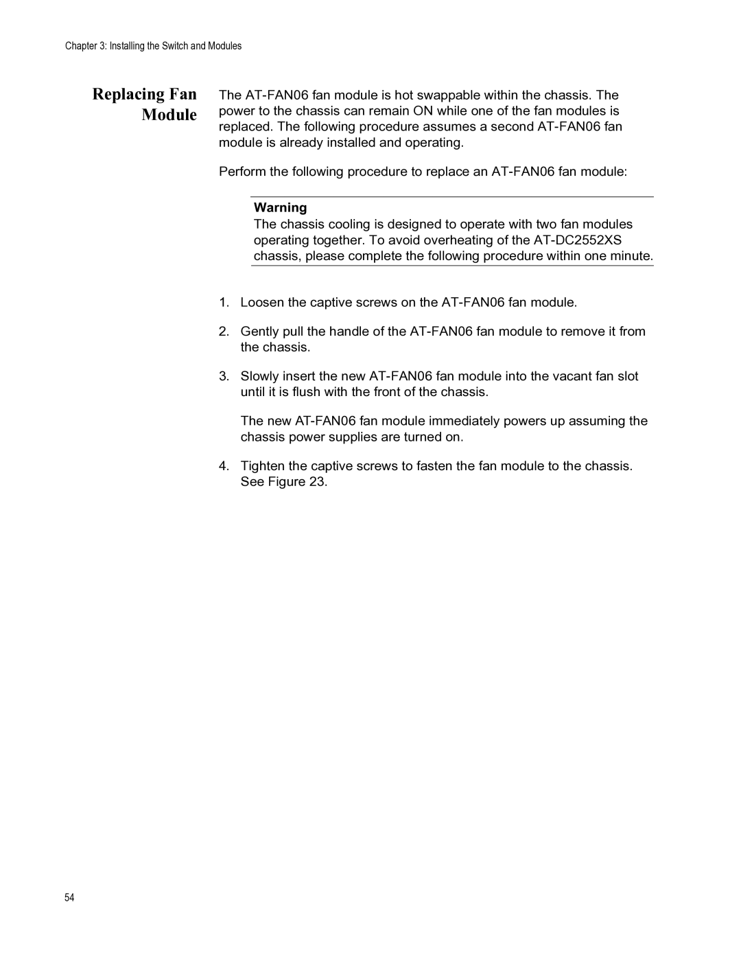 Allied Telesis AT-PWR06, AT-DC2552XS, AT-FAN06 manual Replacing Fan Module 