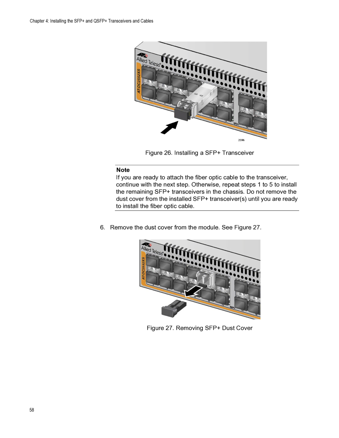 Allied Telesis AT-DC2552XS, AT-PWR06, AT-FAN06 manual Removing SFP+ Dust Cover 