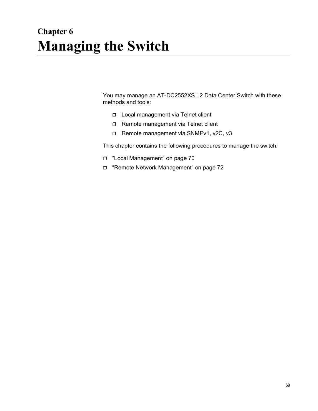 Allied Telesis AT-PWR06, AT-DC2552XS, AT-FAN06 manual Managing the Switch, Chapter 