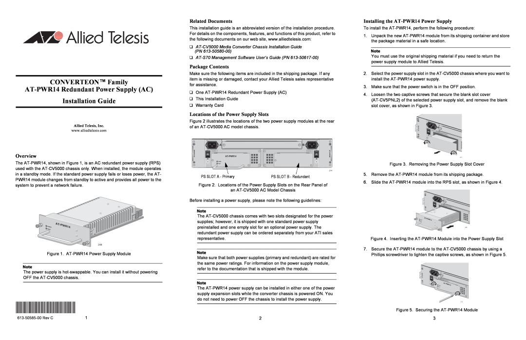 Allied Telesis AT-PWR14 warranty Overview, Related Documents, Package Contents, Locations of the Power Supply Slots, Rev C 