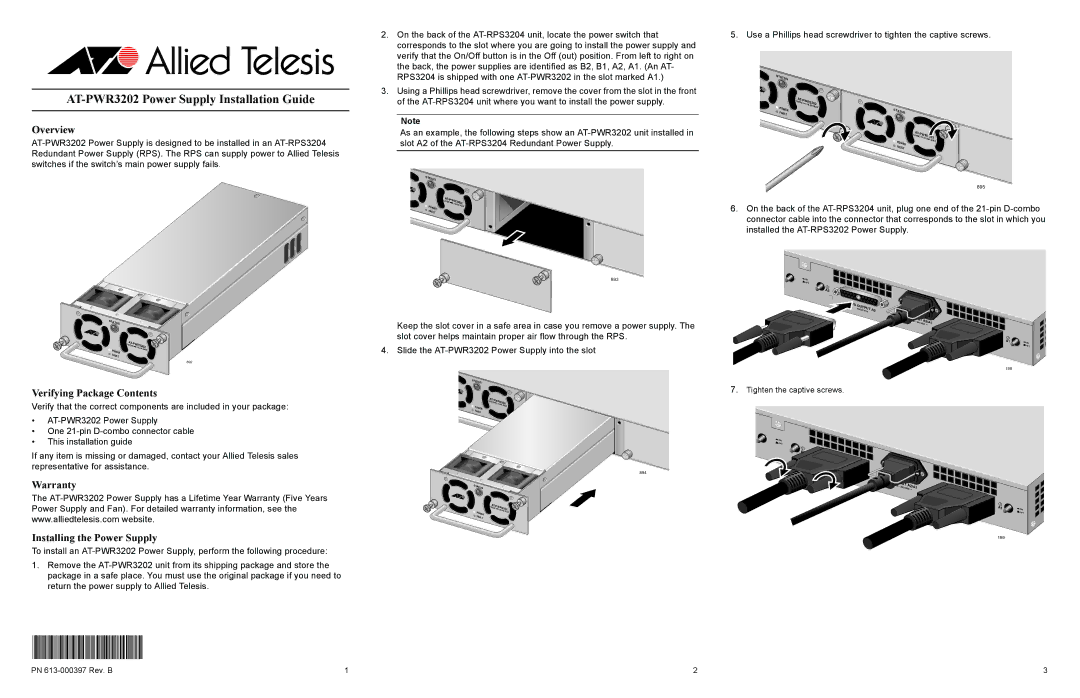 Allied Telesis AT-PWR3202 warranty Overview, Verifying Package Contents, Warranty Installing the Power Supply 