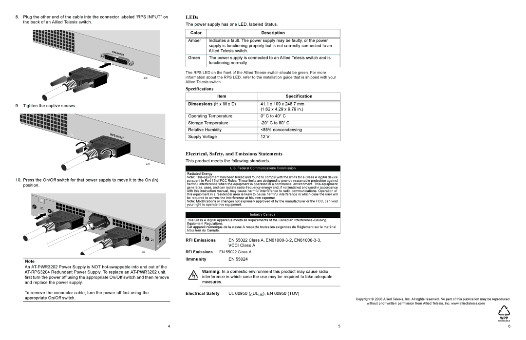 Allied Telesis AT-PWR3202 warranty LEDs, Color Description, Specification, Dimensions H x W x D, IImmunity 