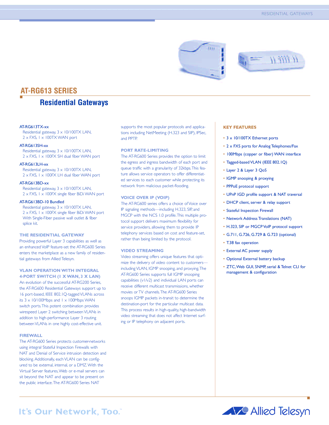 Allied Telesis AT-RG613 SERIES manual Residential Gateway, Vlan Operation with Integral 4-PORT Switch 1 X WAN, 3 X LAN 