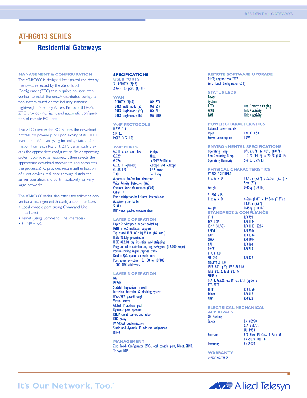 Allied Telesis AT-RG613 SERIES Management & Configuration, User Ports, Wan, Remote Software Upgrade, Status Leds, Warranty 