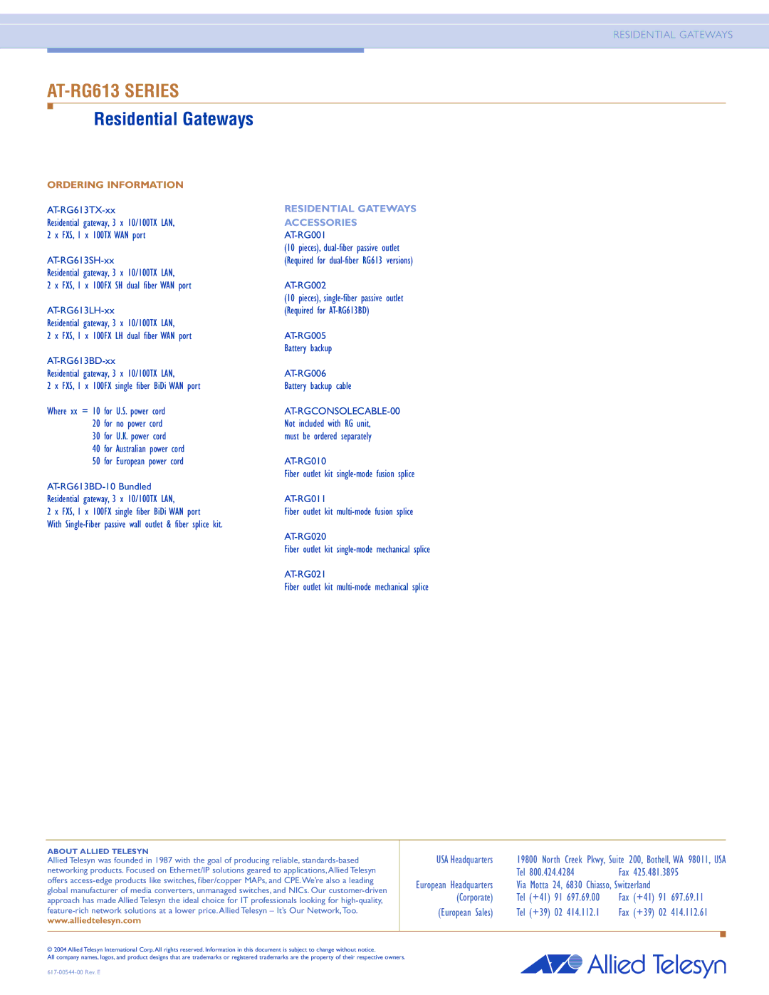 Allied Telesis AT-RG613 SERIES manual Residential Gateways Accessories, AT-RGCONSOLECABLE-00 