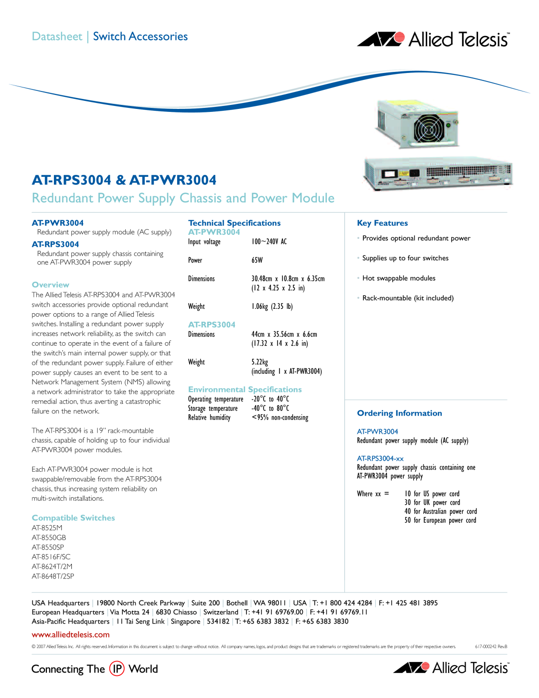Allied Telesis technical specifications AT-RPS3004 & AT-PWR3004, Redundant Power Supply Chassis and Power Module 