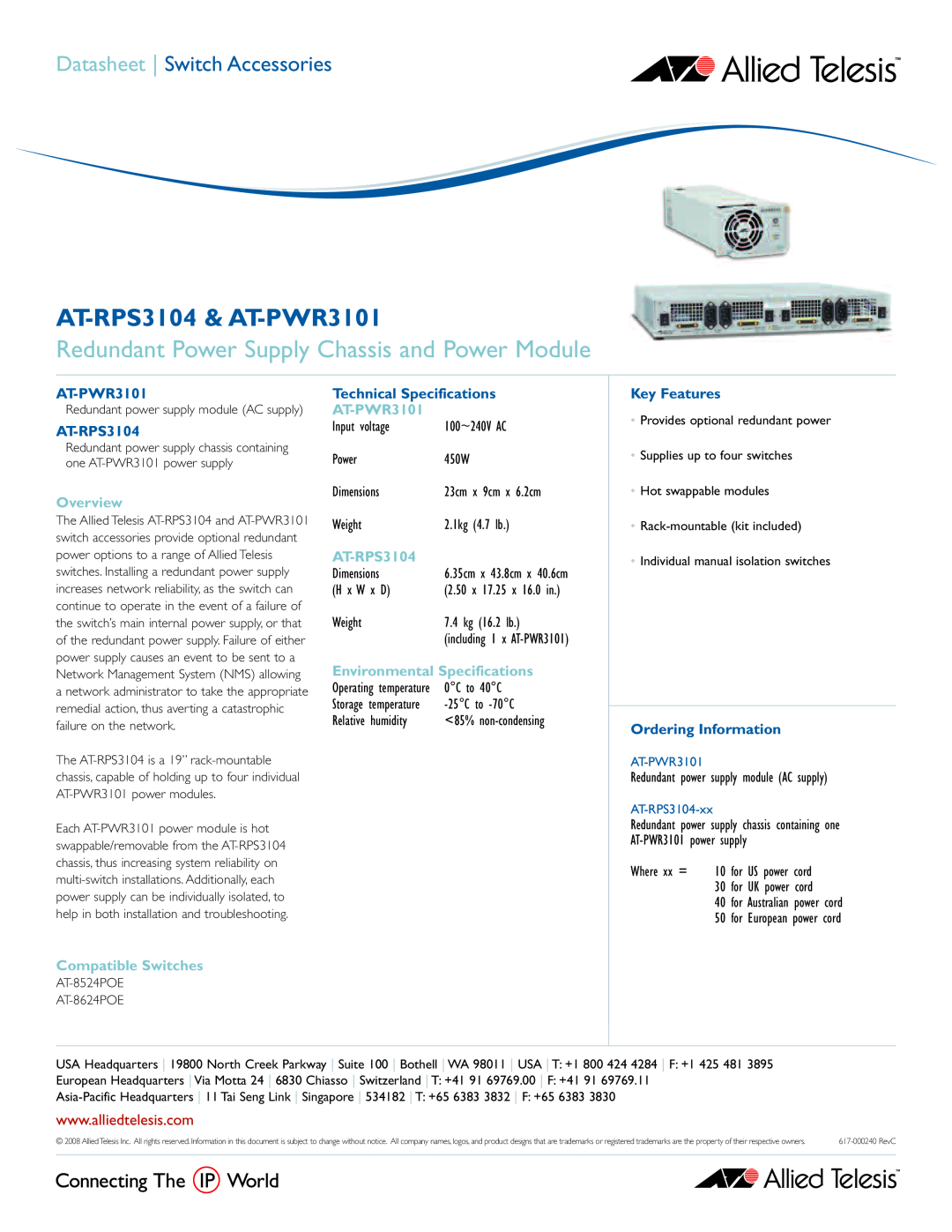 Allied Telesis technical specifications AT-RPS3104 & AT-PWR3101, Redundant Power Supply Chassis and Power Module 