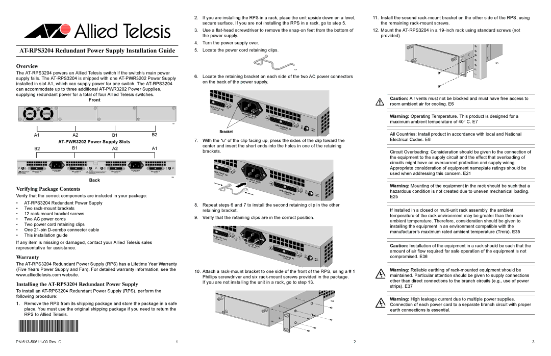 Allied Telesis AT-RPS3204 warranty Overview, Verifying Package Contents 