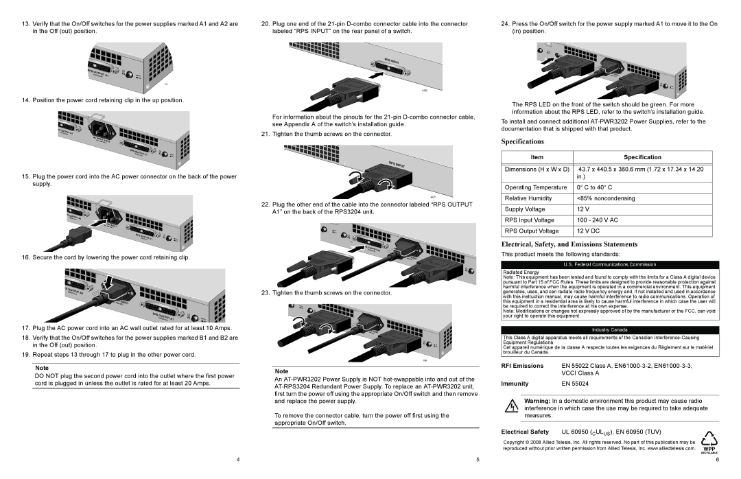 Allied Telesis AT-RPS3204 warranty Specifications, Electrical, Safety, and Emissions Statements, RFI Emissions, Immunity 