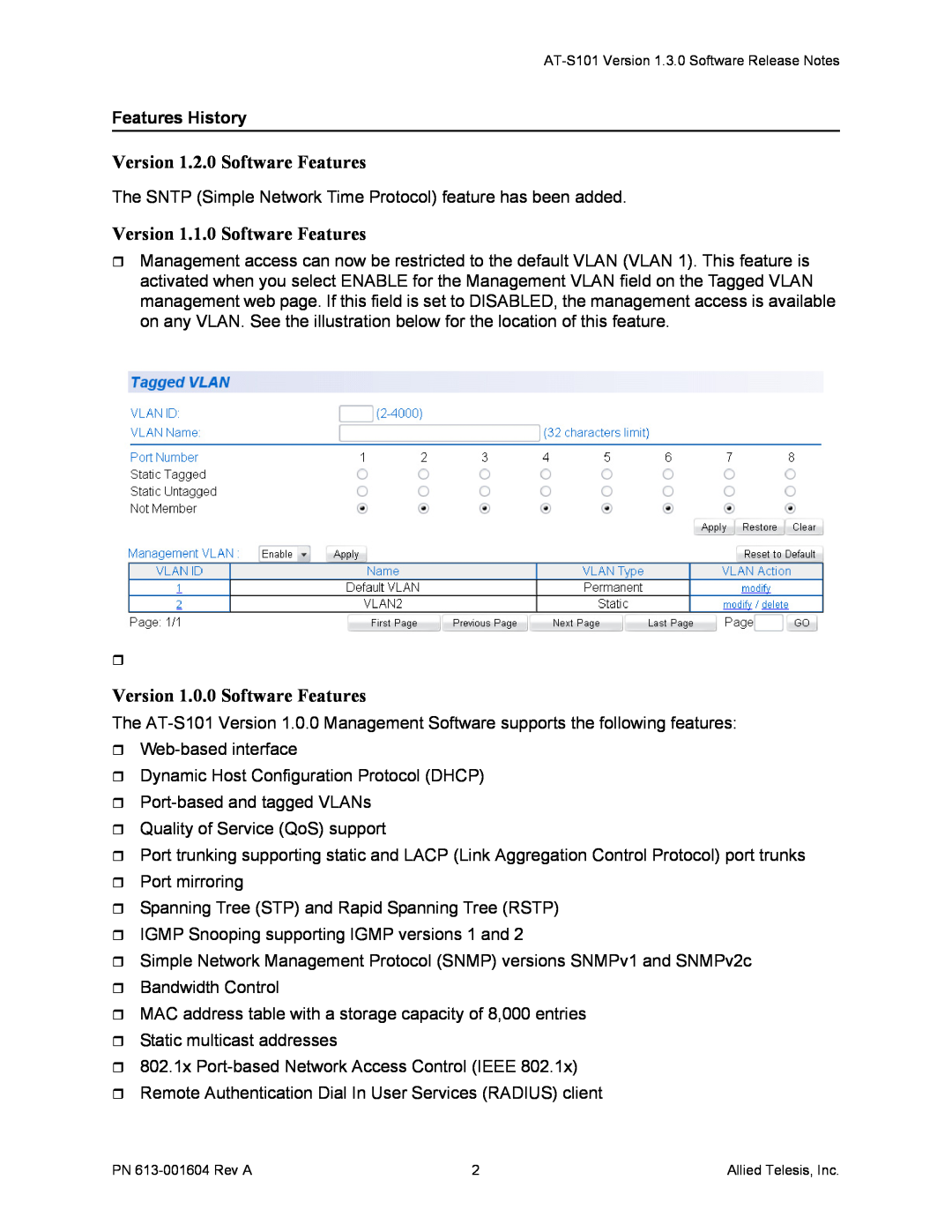 Allied Telesis AT-S101 Version 1.2.0 Software Features, Version 1.1.0 Software Features, Version 1.0.0 Software Features 