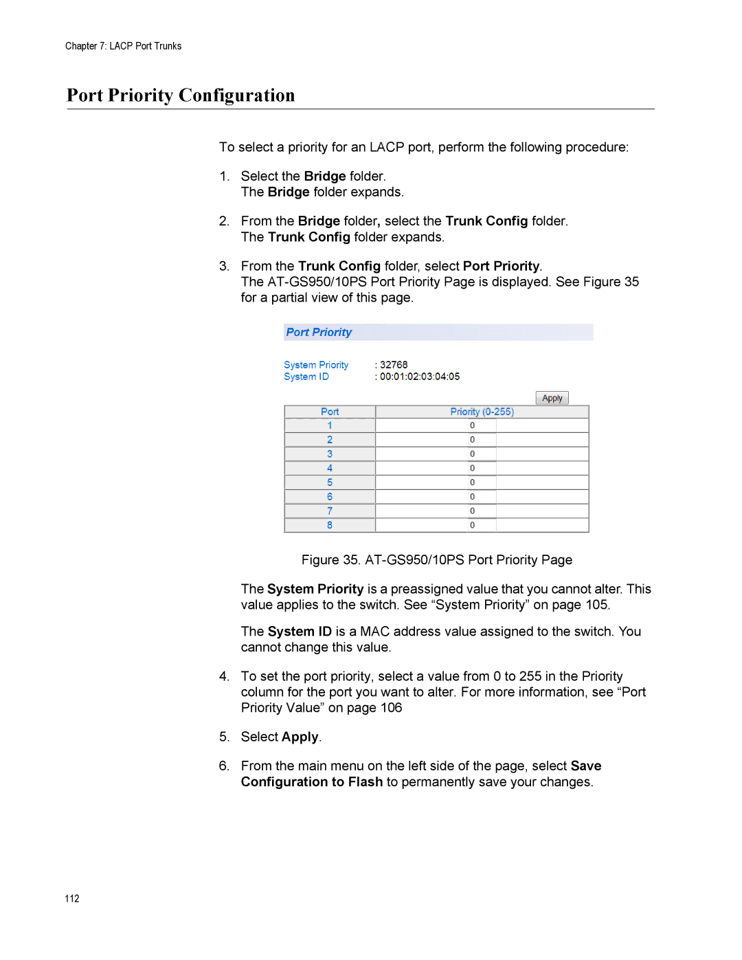 Allied Telesis AT-S110, AT-GS950/10PS manual Port Priority Configuration, From the Trunk Config folder, select Port Priority 