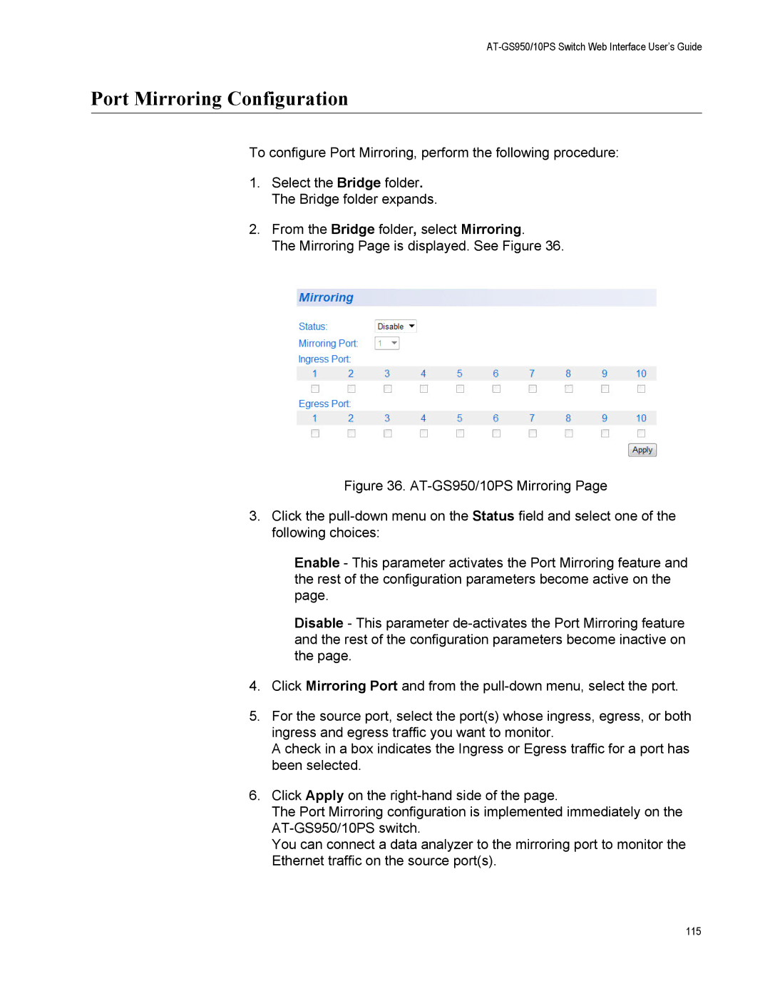 Allied Telesis AT-GS950/10PS, AT-S110 manual Port Mirroring Configuration 