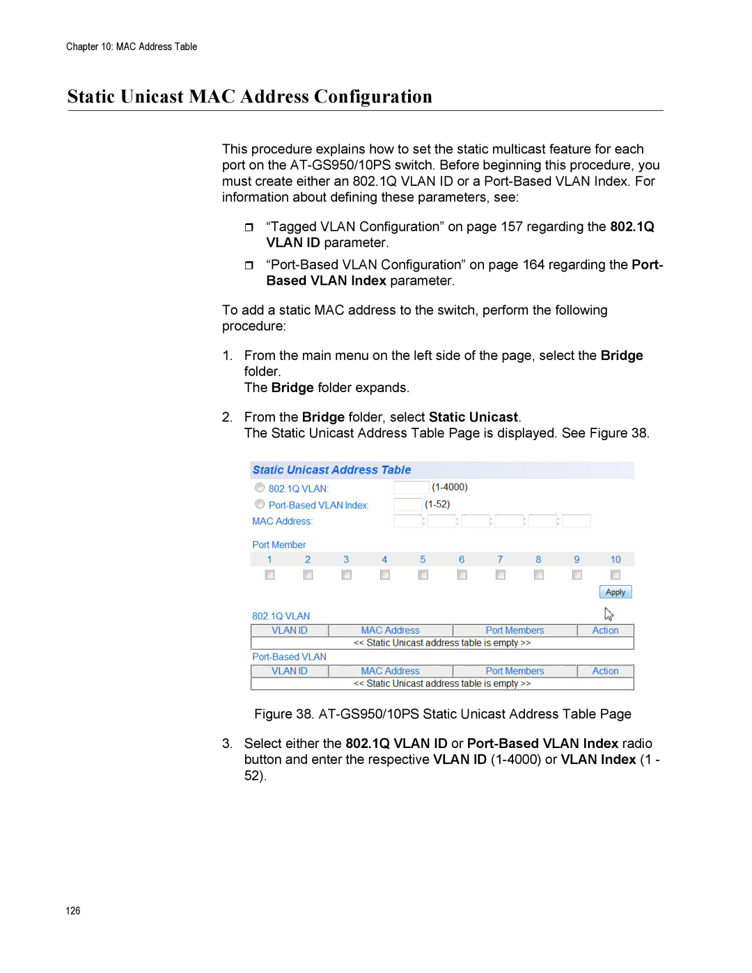 Allied Telesis AT-S110, AT-GS950/10PS manual Static Unicast MAC Address Configuration 