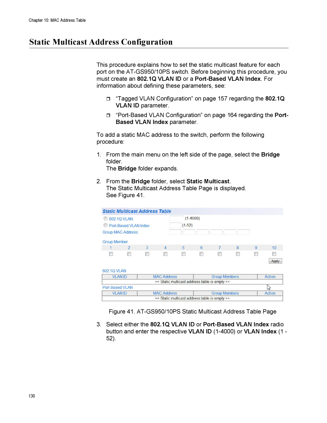 Allied Telesis AT-S110, AT-GS950/10PS manual Static Multicast Address Configuration 