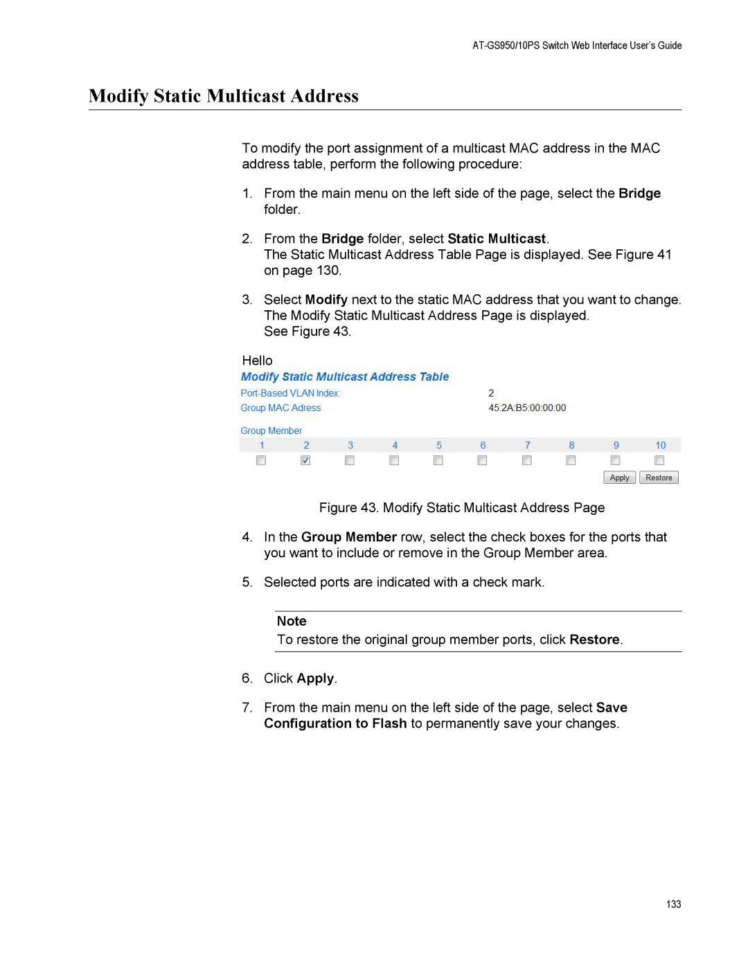 Allied Telesis AT-GS950/10PS, AT-S110 manual Modify Static Multicast Address 