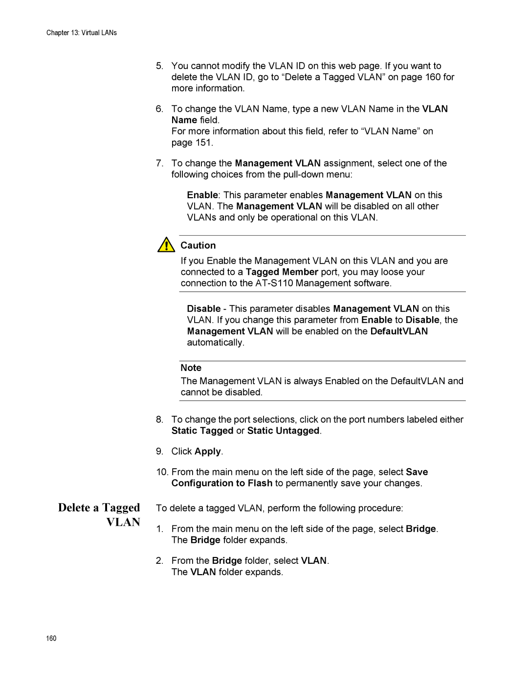 Allied Telesis AT-S110, AT-GS950/10PS manual Delete a Tagged 