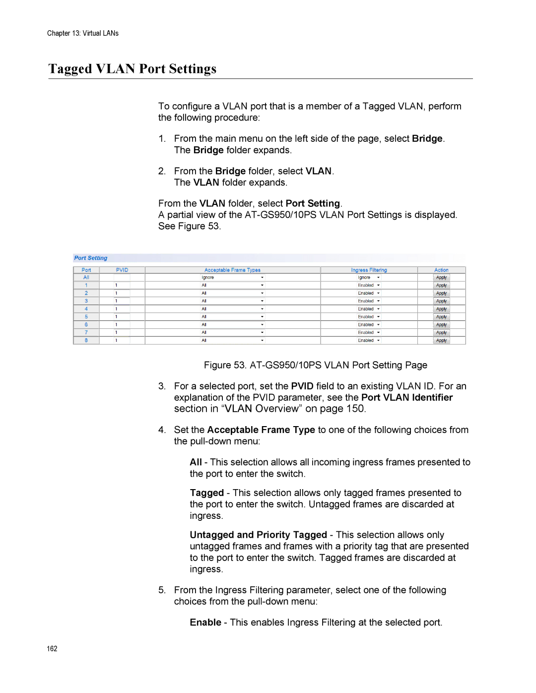 Allied Telesis AT-S110, AT-GS950/10PS manual Tagged Vlan Port Settings 