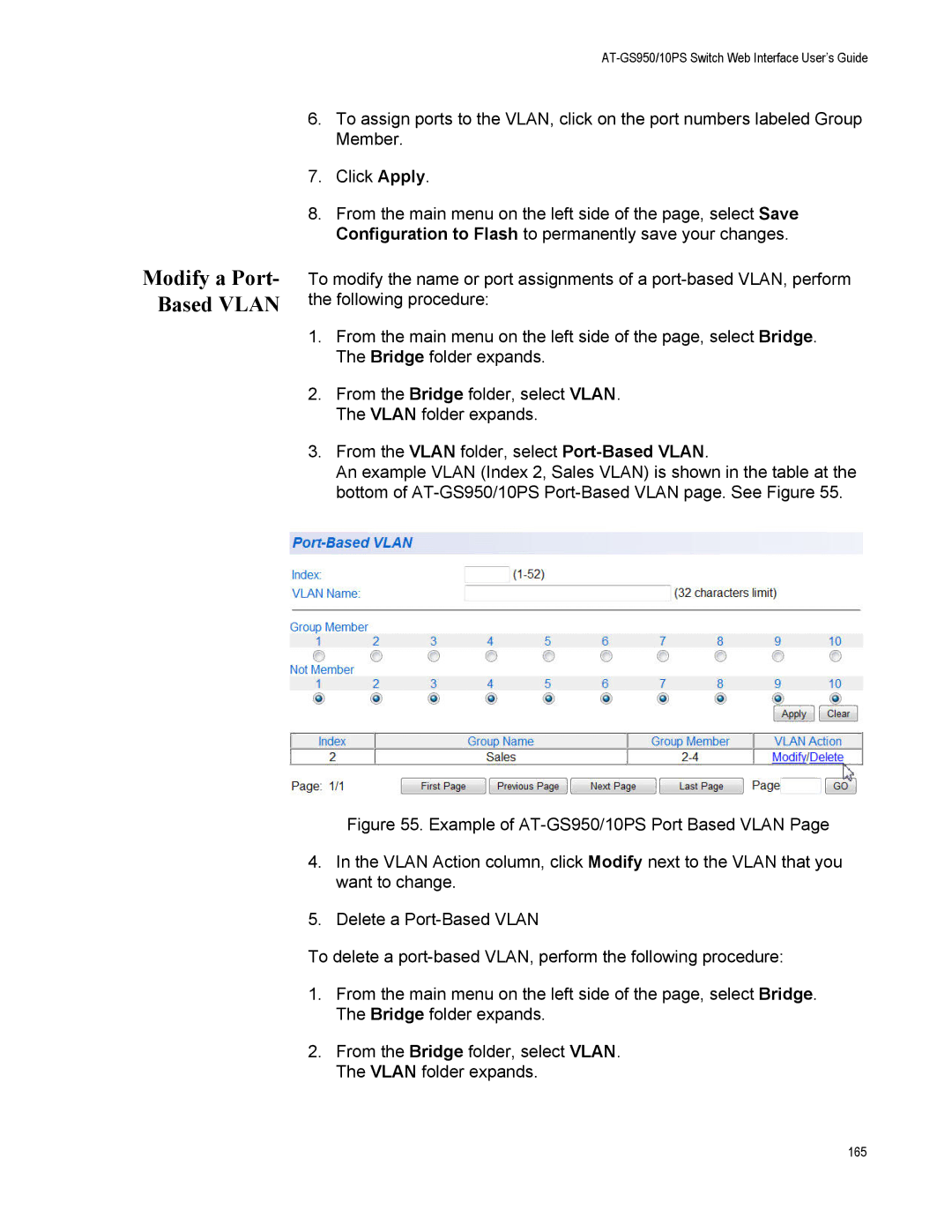 Allied Telesis AT-GS950/10PS, AT-S110 manual Modify a Port- Based Vlan 