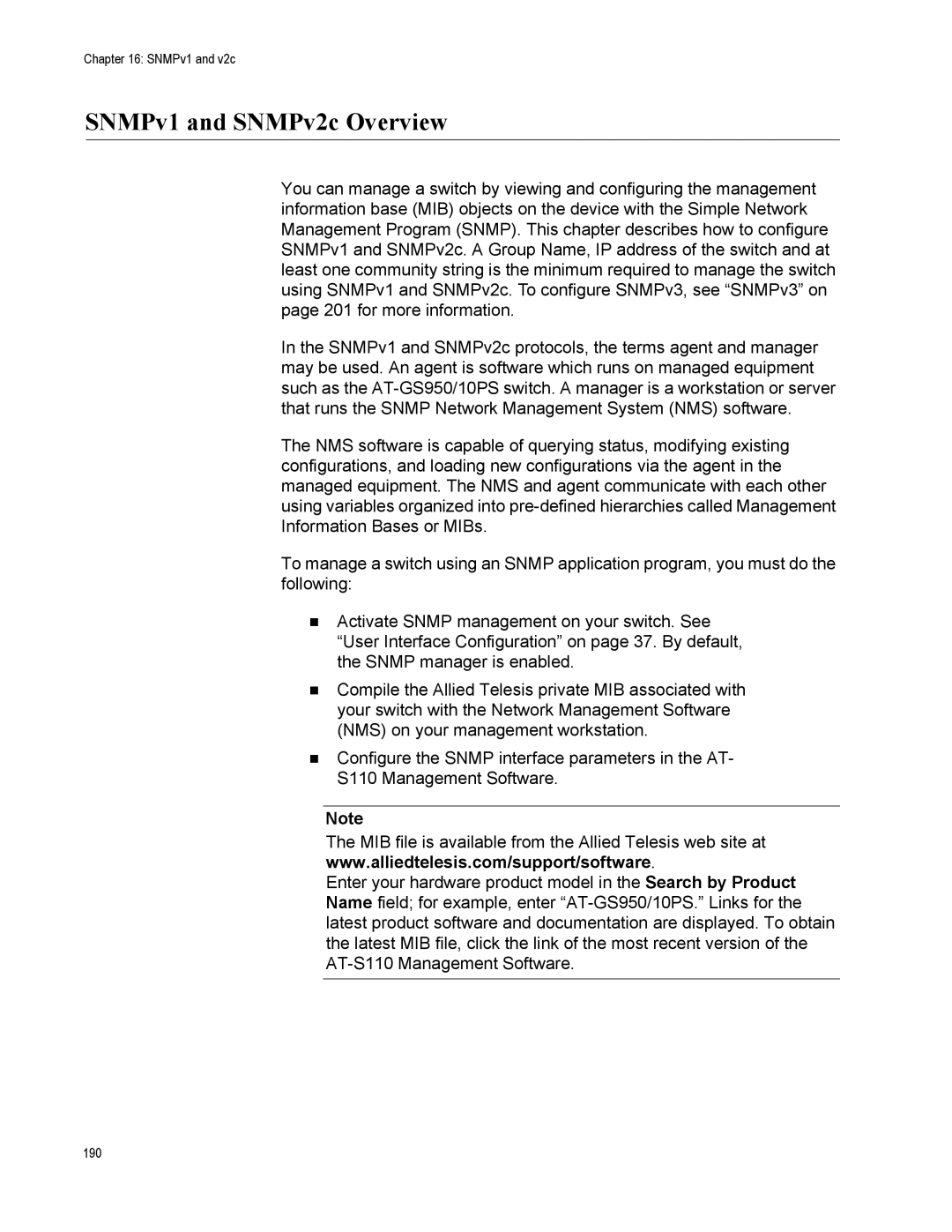 Allied Telesis AT-S110, AT-GS950/10PS manual SNMPv1 and SNMPv2c Overview 