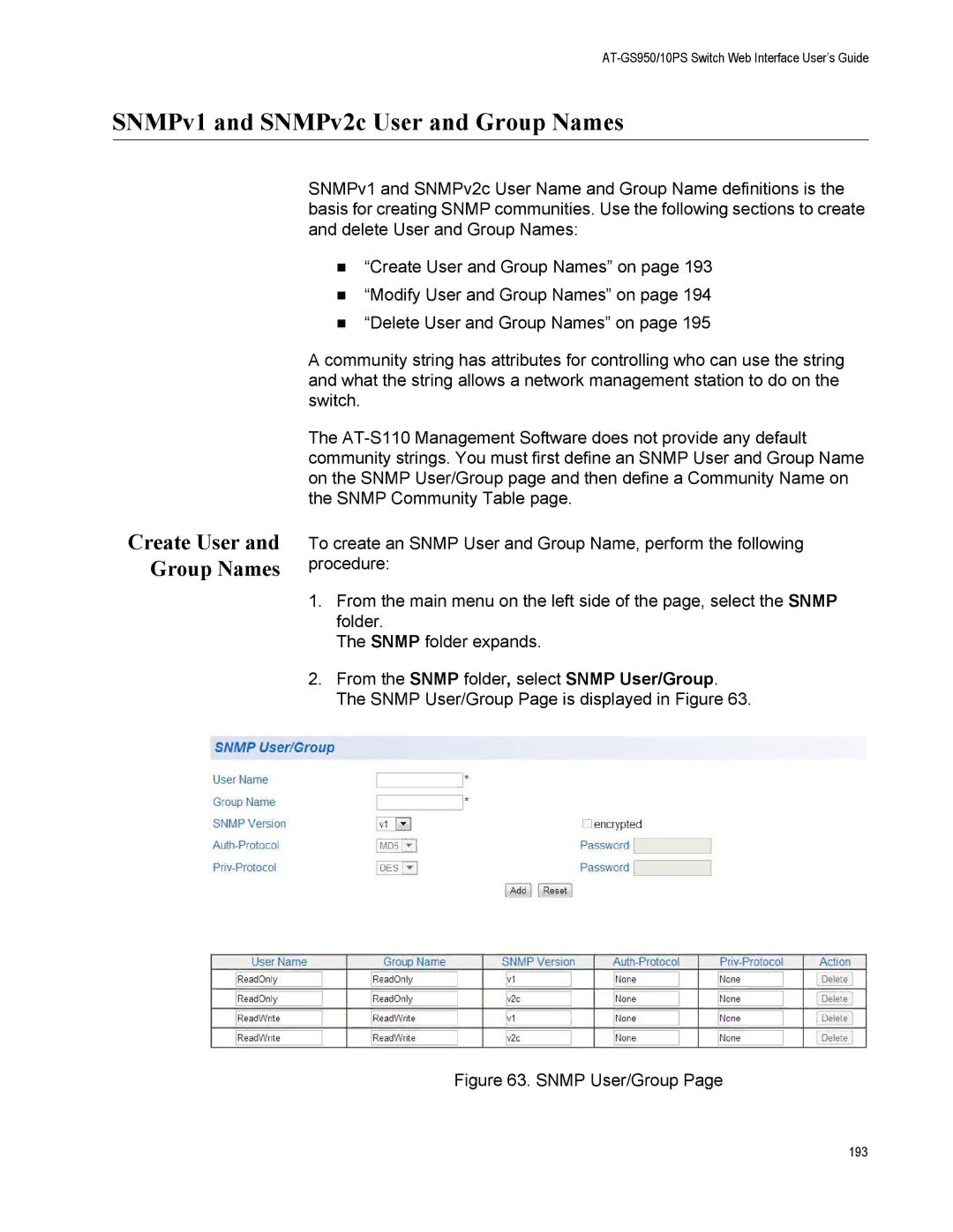 Allied Telesis AT-GS950/10PS, AT-S110 manual SNMPv1 and SNMPv2c User and Group Names, Create User and Group Names 