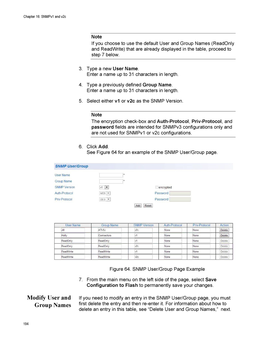 Allied Telesis AT-S110, AT-GS950/10PS manual Modify User and Group Names, Snmp User/Group Page Example 