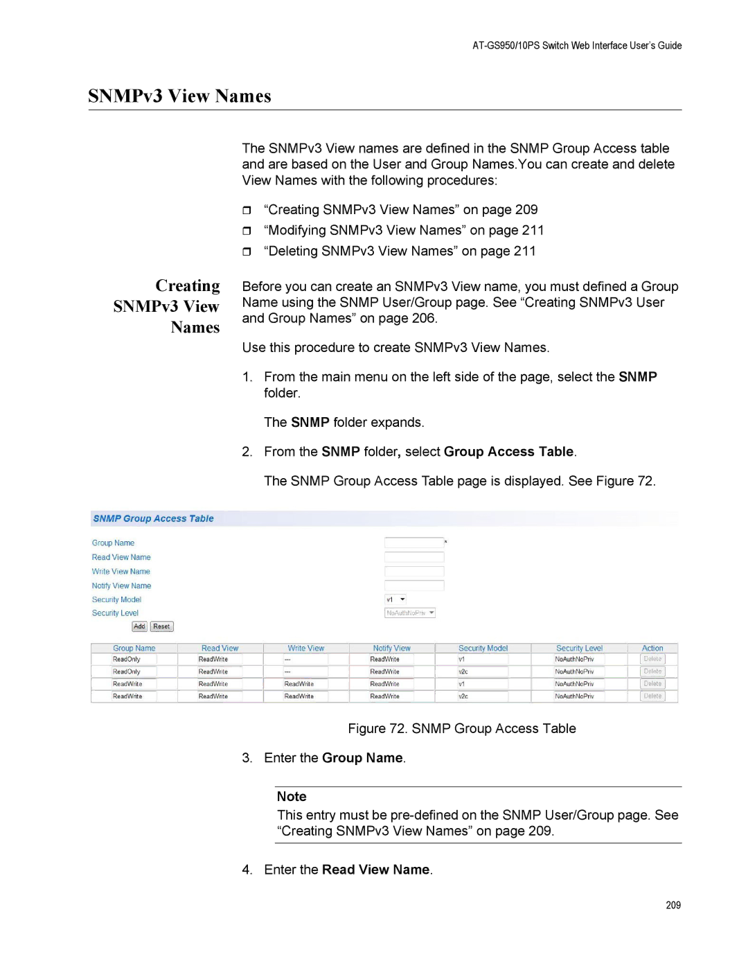 Allied Telesis AT-GS950/10PS, AT-S110 manual Creating SNMPv3 View Names, From the Snmp folder, select Group Access Table 