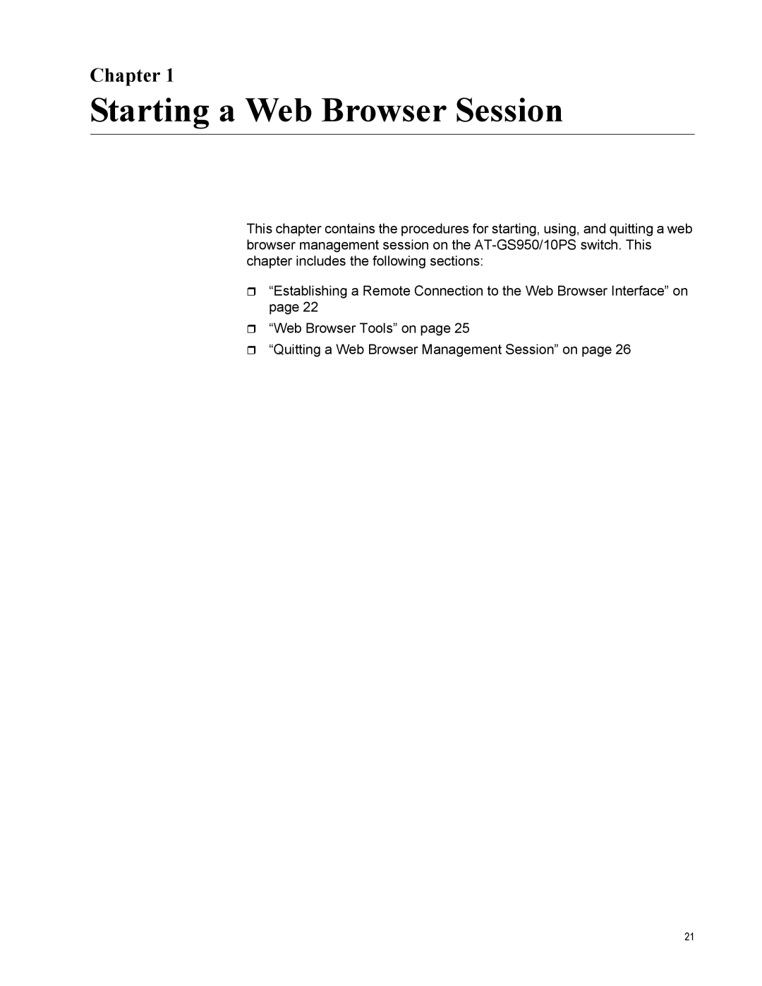 Allied Telesis AT-GS950/10PS, AT-S110 manual Starting a Web Browser Session, Chapter 