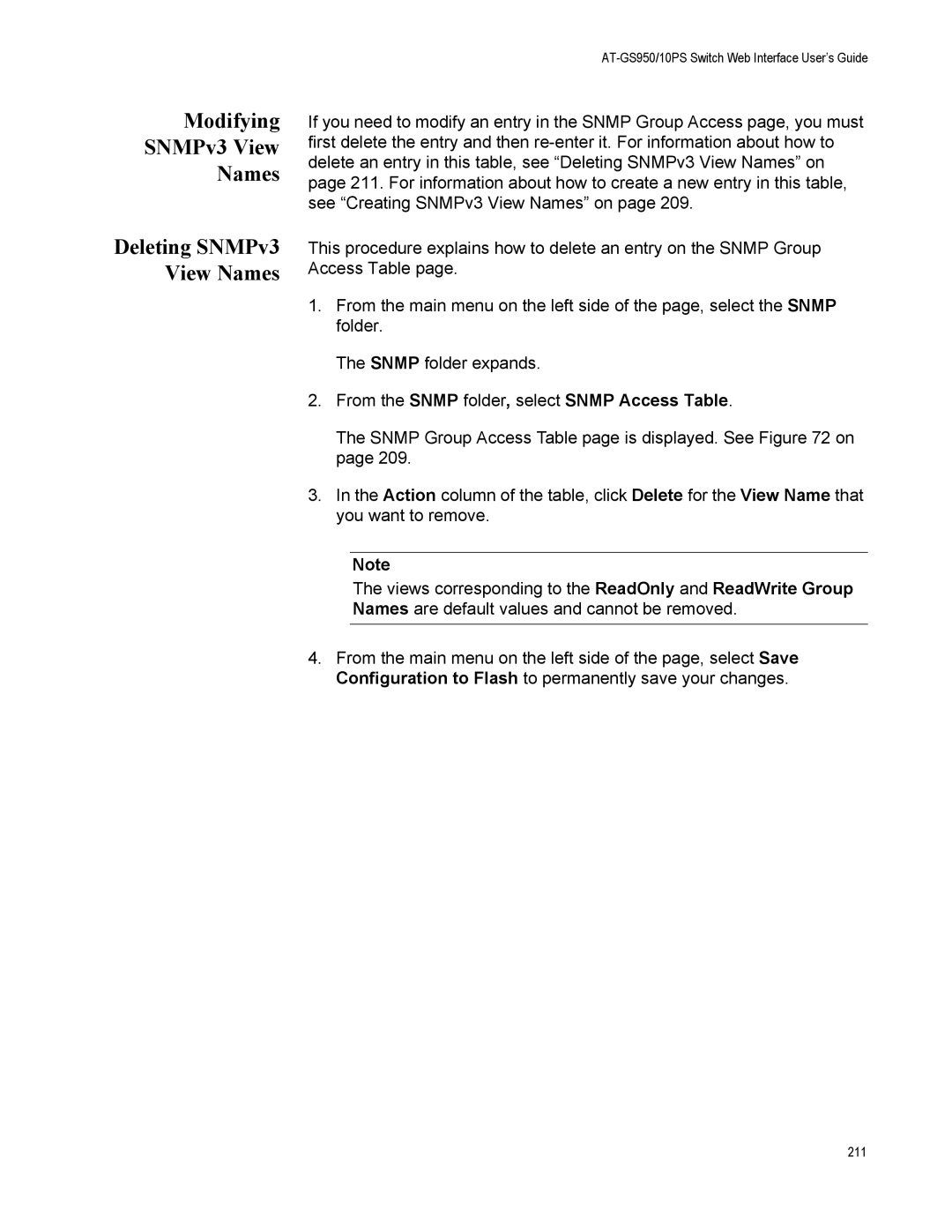 Allied Telesis AT-GS950/10PS, AT-S110 manual Modifying SNMPv3 View Names, Deleting SNMPv3 View Names 