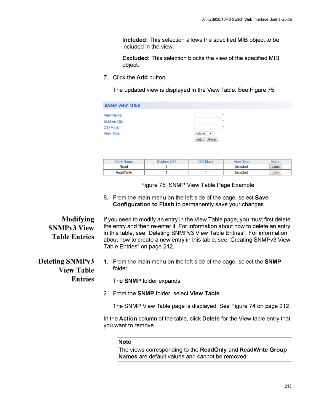 Allied Telesis AT-GS950/10PS, AT-S110 manual Modifying SNMPv3 View Table Entries Deleting SNMPv3 