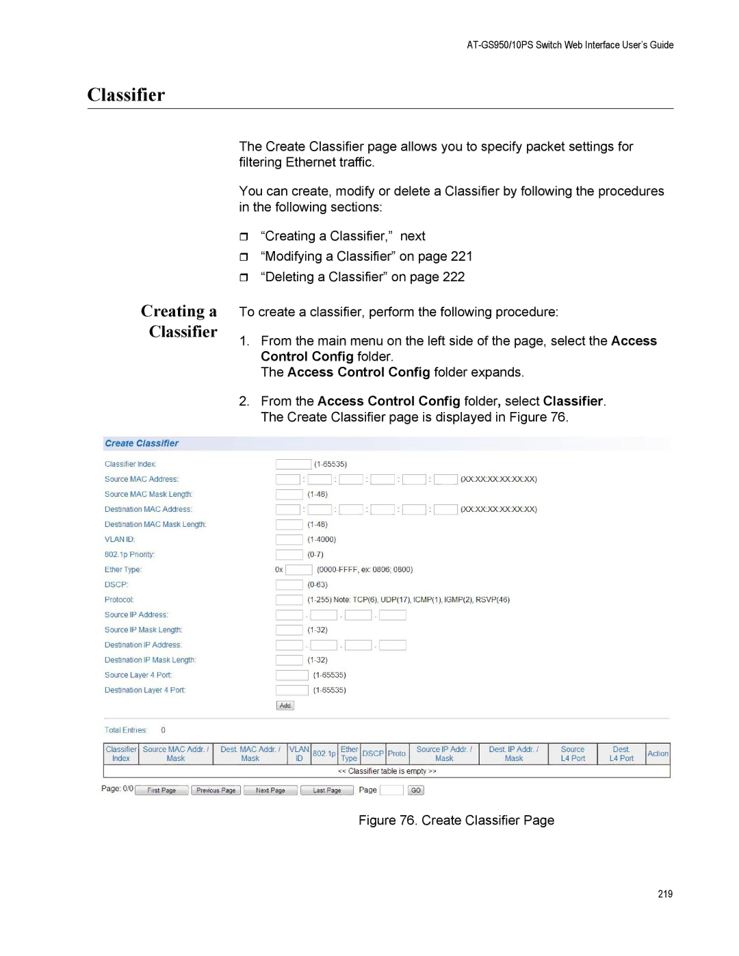 Allied Telesis AT-GS950/10PS, AT-S110 manual Creating a Classifier, Access Control Config folder expands 