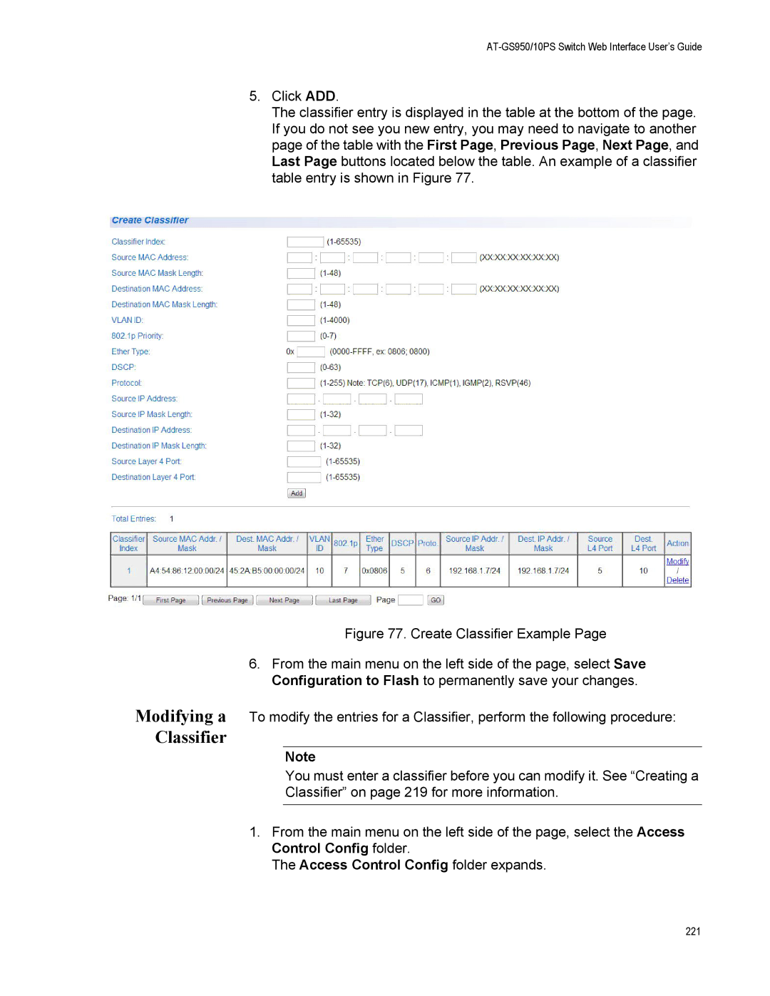 Allied Telesis AT-GS950/10PS, AT-S110 manual Modifying a Classifier 