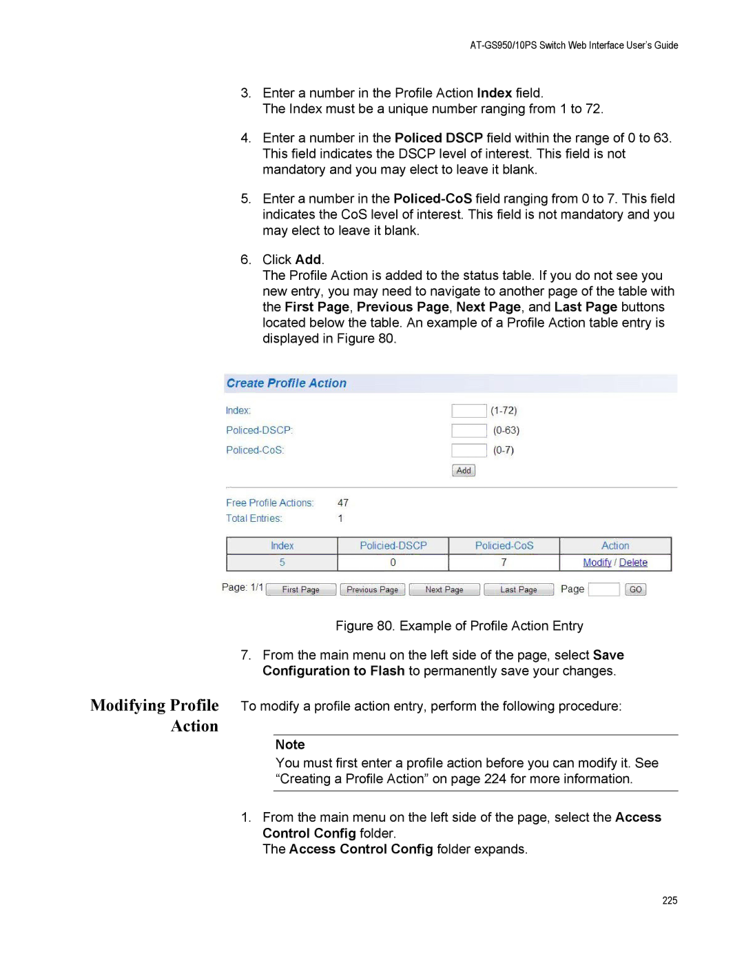 Allied Telesis AT-GS950/10PS, AT-S110 manual Modifying Profile Action 