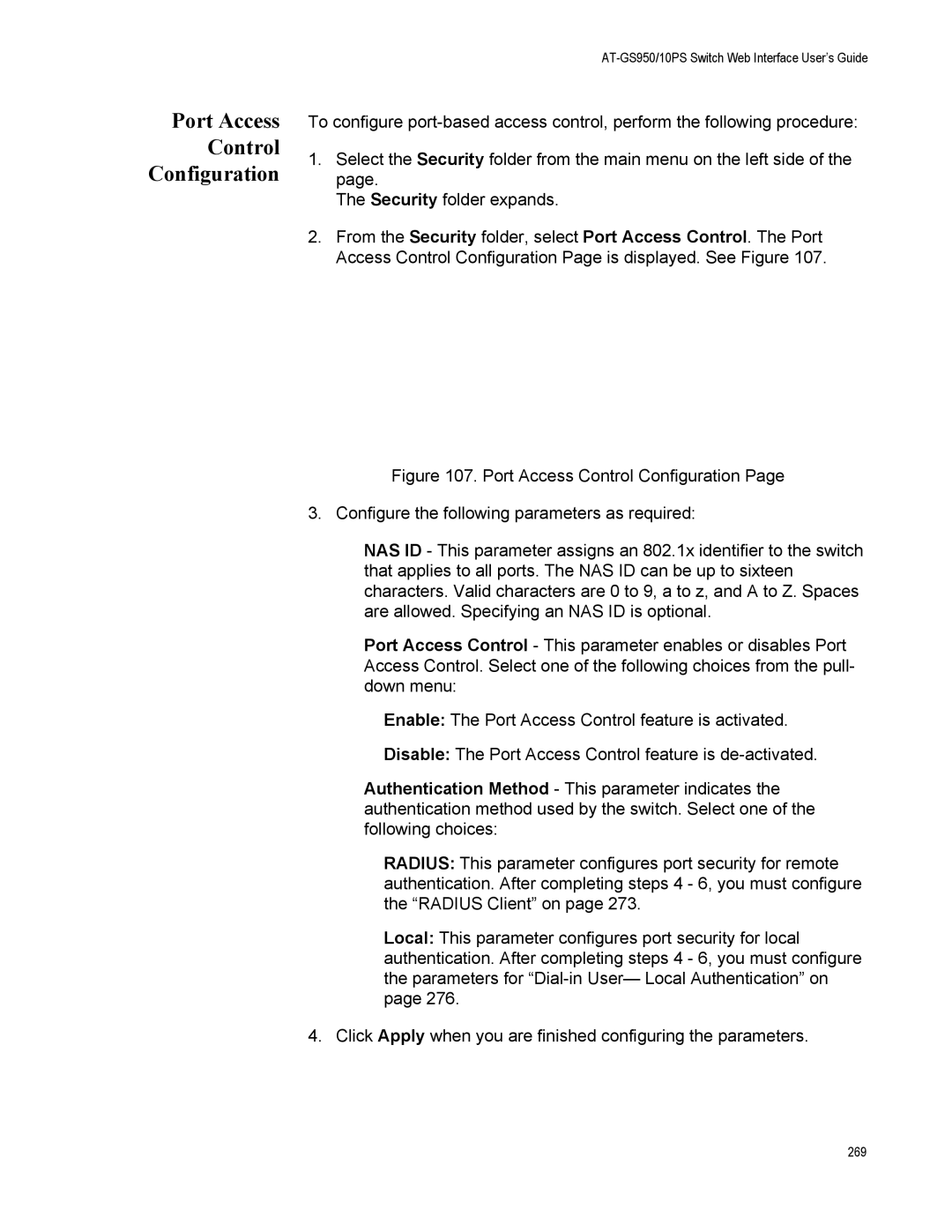Allied Telesis AT-GS950/10PS, AT-S110 manual Port Access Control Configuration 