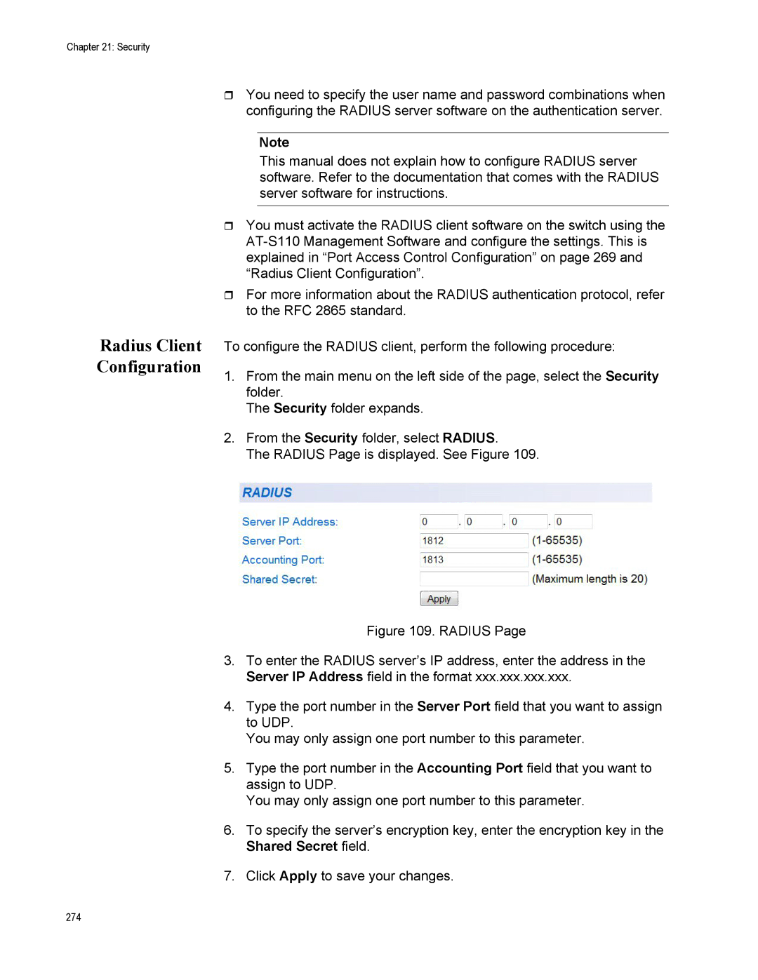 Allied Telesis AT-S110, AT-GS950/10PS manual Radius Client Configuration 